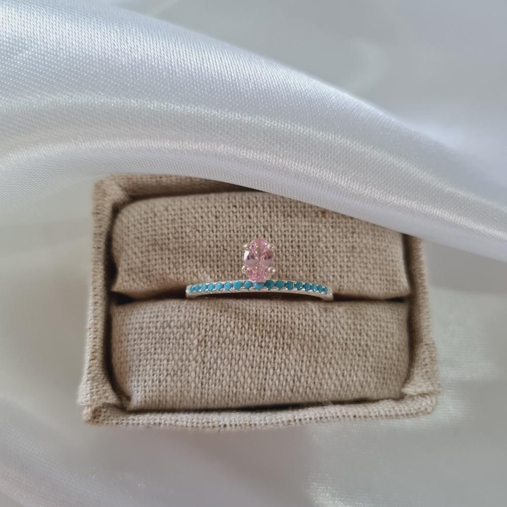 Anel de Prata Zircônia Oval Rosa e Azul