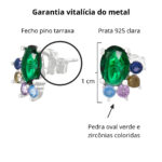 Brinco de prata 925 zircônia oval verde com detalhes em zircônias coloridas 1,0 cm - Imagem 2