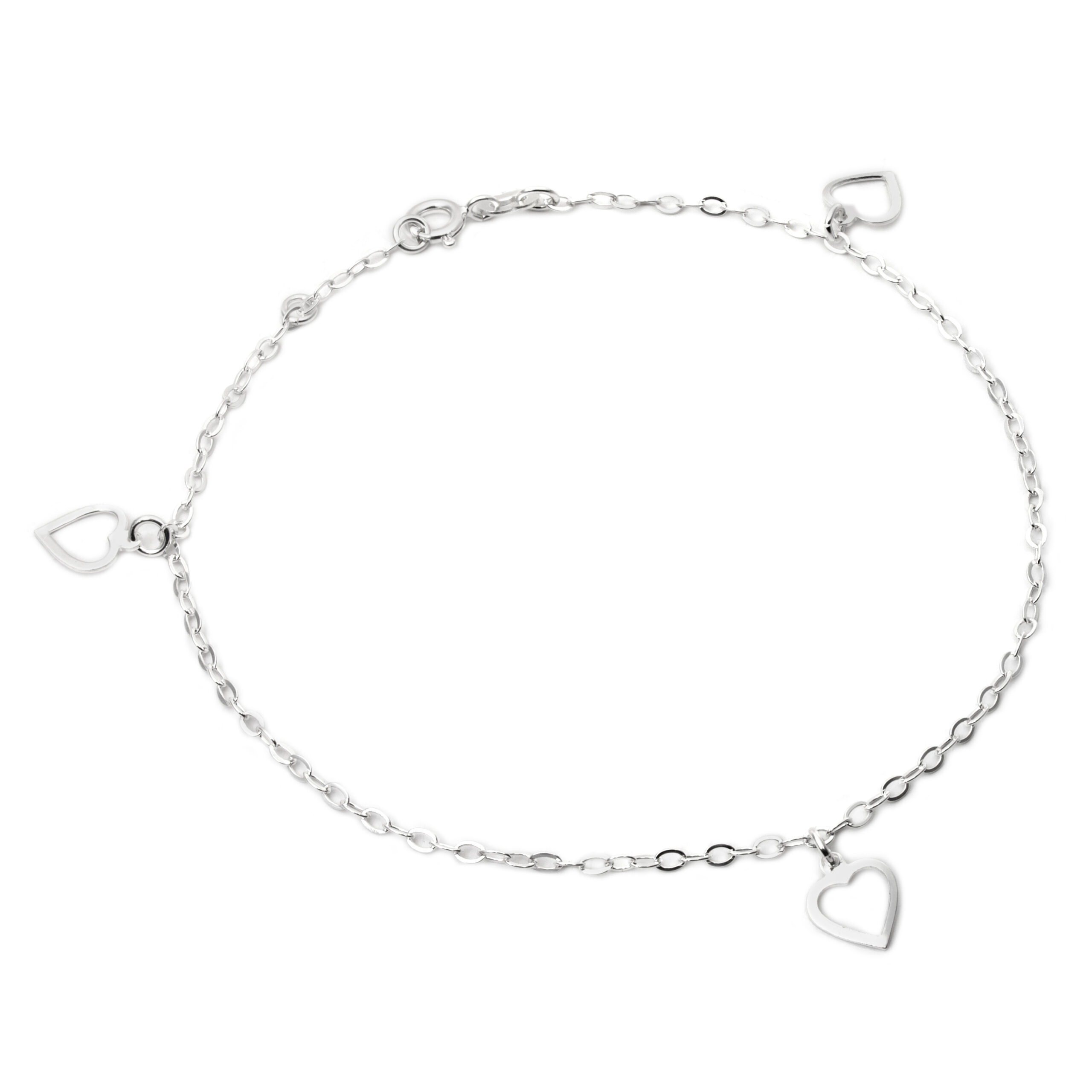 tornozeleira-de-prata-com-pingentes-de-coracoes-vazados Tornozeleira De Prata 925 Com Pingentes De Corações Vazados - Imagem 1