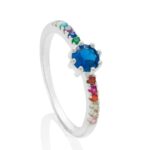 Anel De Prata 925 Zircônia Redonda Azul Escuro E Coloridas