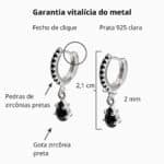 Brinco De Prata 925 Argola Cravejada Pingente Zircônia Preta 2,1cm - Imagem 4