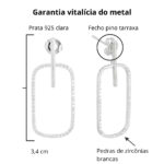 Brinco de prata 925 retangular cravejado base palito 3,4 cm - Imagem 2