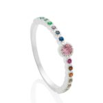 Anel De Prata 925 Zircônia Redonda Rosa Bebê Aro Colorido