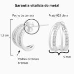 Brinco de prata 925 meia argola PP aro central com zircônias brancas 9 mm - Imagem 3