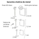 Trio de brincos em prata 925 argolas quadradas cravejadas - Imagem 2