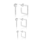 Trio de brincos em prata 925 argolas quadradas cravejadas