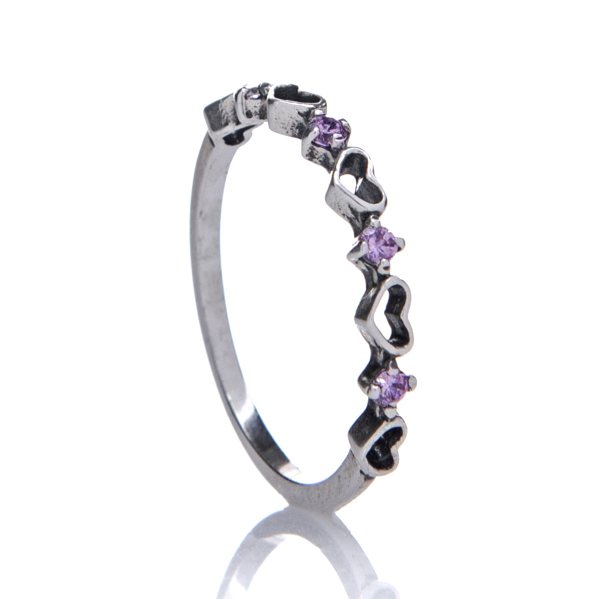 anel-de-prata-coração-vazado-zirconia-rosa Anel De Prata 925 Corações Vazados Ligados Zircônia Rosa - Imagem 1