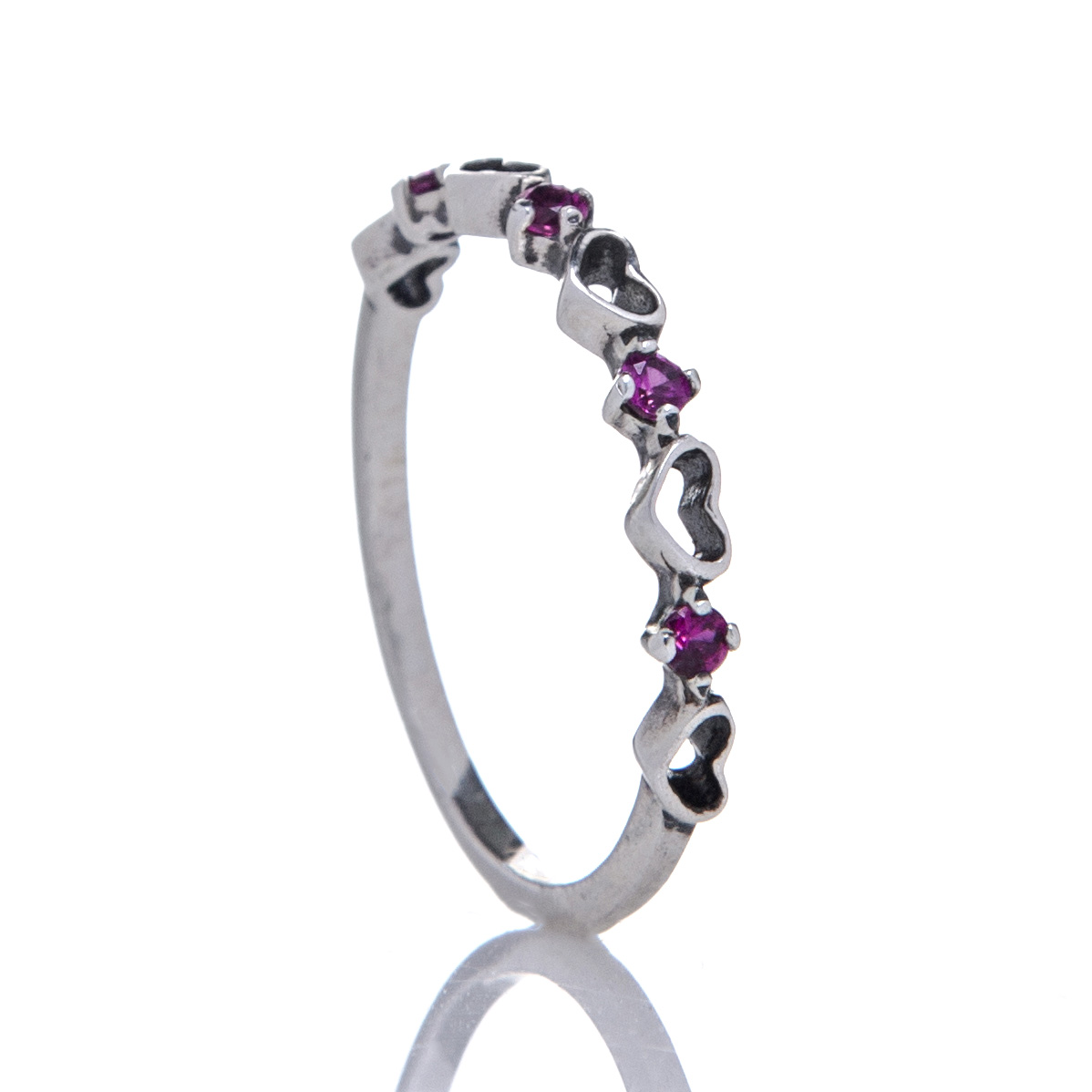 anel-de-prata-coração-vazado-zirconia-rubi Anel De Prata 925 Corações Vazados Ligados Zircônia Rubi - Imagem 1