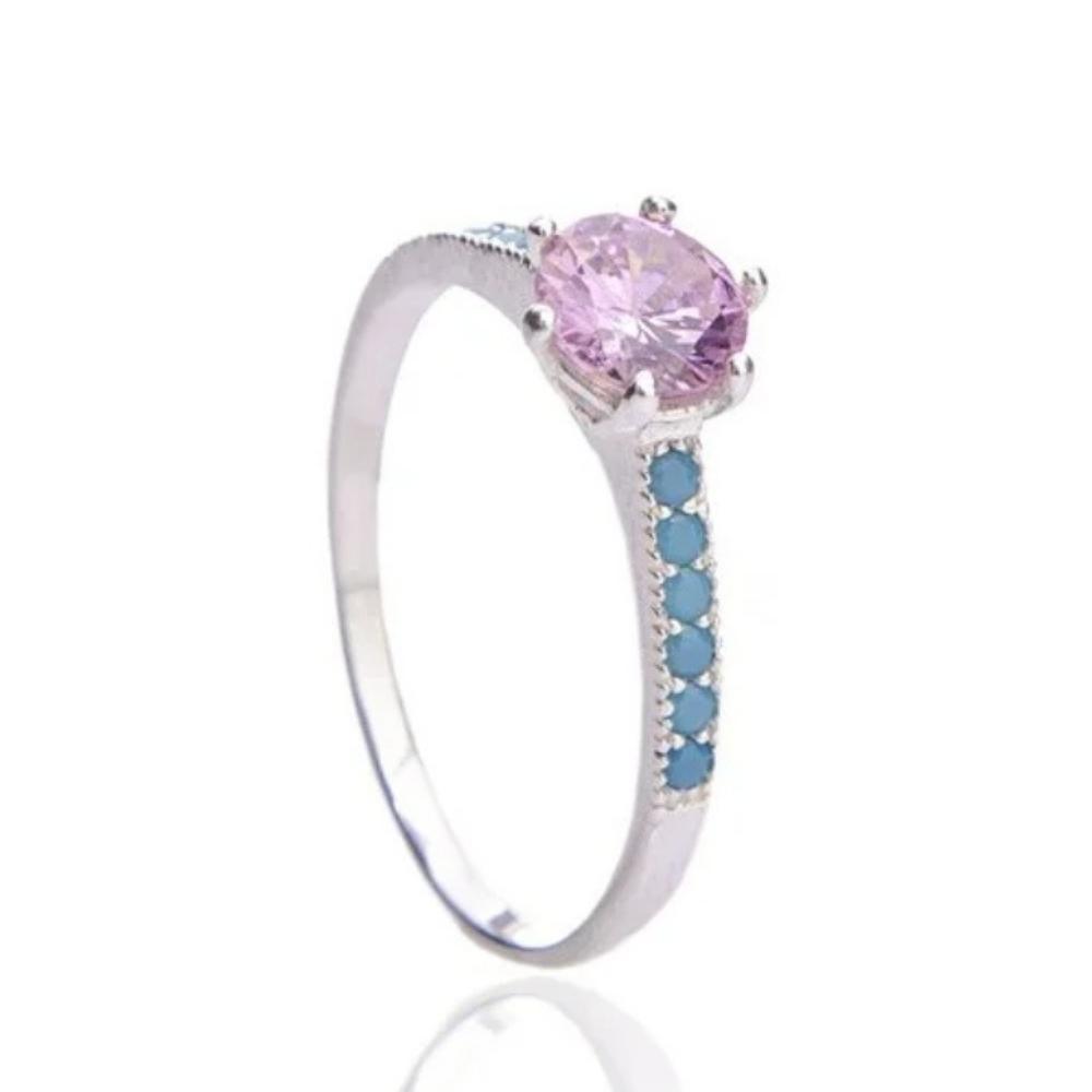 anel-deprata-solitario-rosa-bebe-com-zirconias-azuis Anel De Prata 925 Solitário Rosa Bebê - Imagem 1