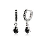 Brinco De Prata 925 Argola Cravejada Pingente Zircônia Preta 2,1cm