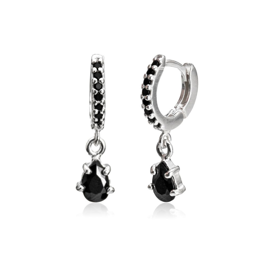 brinco-de-prata-argola-pingente-gota-preta Brinco De Prata 925 Argola Cravejada Pingente Zircônia Preta 2,1cm - Imagem 1