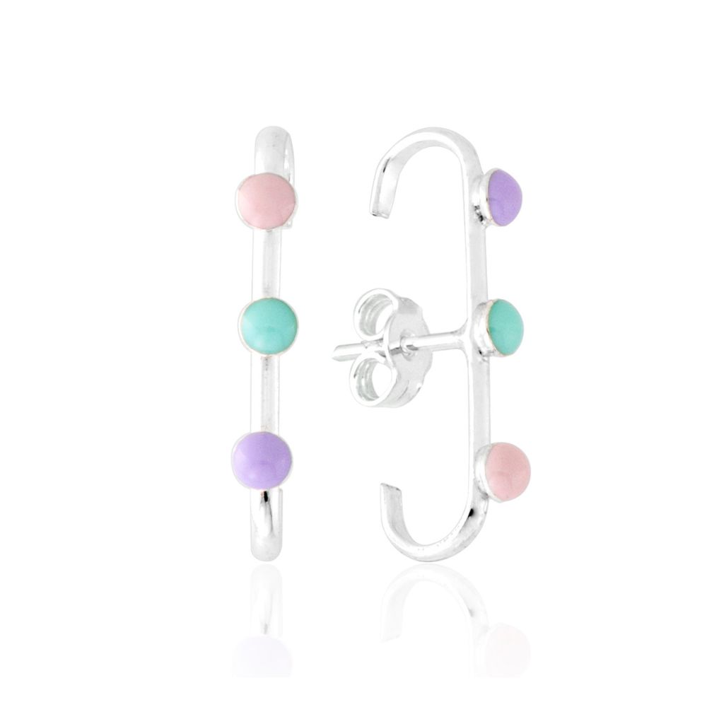 brinco-de-prata-ear-hook-bolinhas-coloridas Brinco De Prata 925 Ear Hook Liso Três Bolinhas Coloridas 2,2cm - Imagem 1