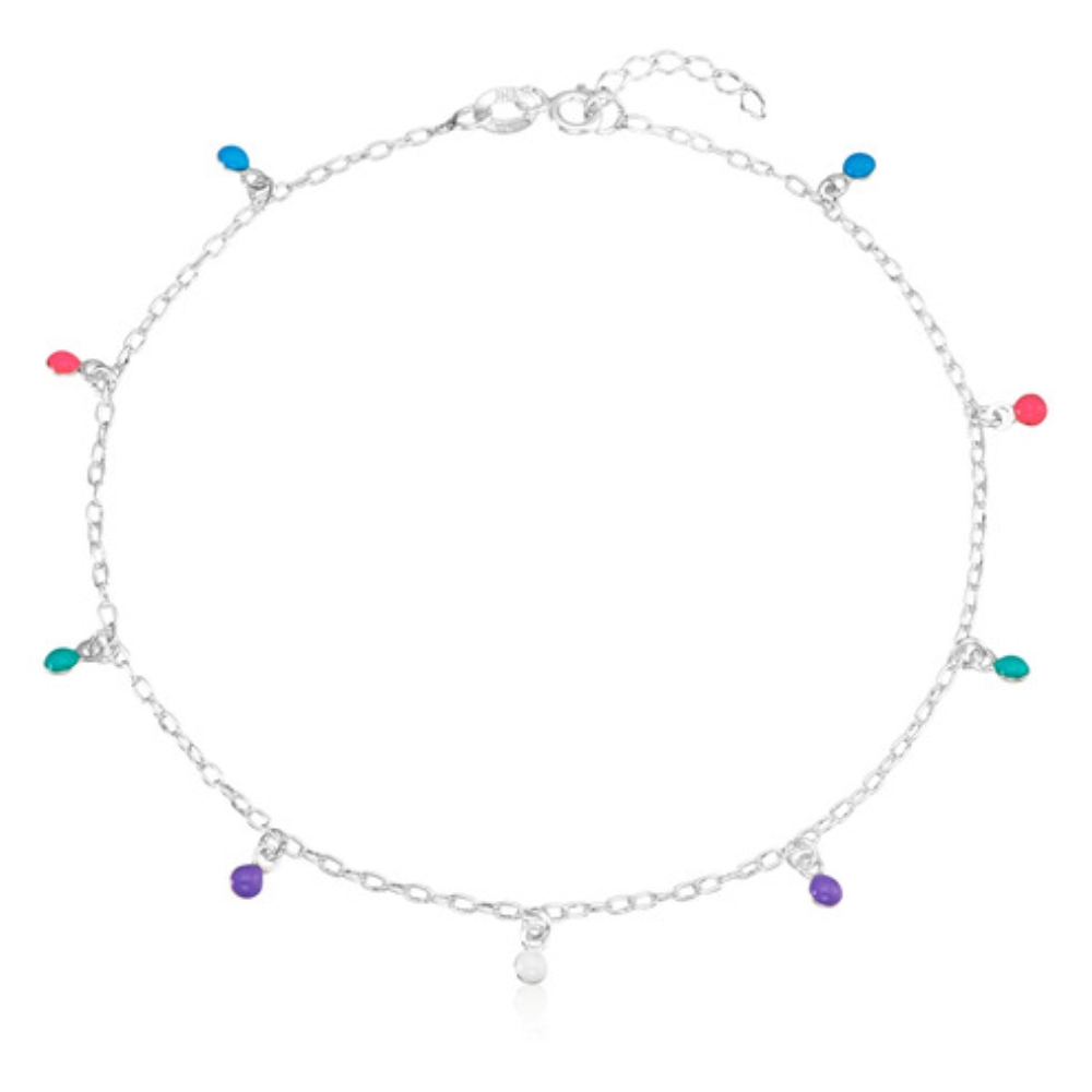 tornozeleira-de-prata-bolinhas-coloridas Tornozeleira De Prata 925 Bolinhas Coloridas - Imagem 1