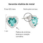 Brinco de prata 925 coração turmalina com borda cravejada com zircônias - Imagem 4