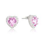 Brinco de prata 925 coração rosa com borda cravejada com zircônias
