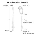 Brinco de prata 925 argola U com corrente tripla e zircônias penduradas - Imagem 3