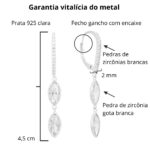Brinco de prata 925 argola fecho gancho cravejada com duas zircônias penduradas - Imagem 3