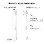 Brinco de prata 925 base oval cravejada com corrente dupla zircônias penduradas - Imagem 3