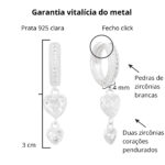 Brinco de prata 925 argola cravejada com dois corações pendurados - Imagem 3