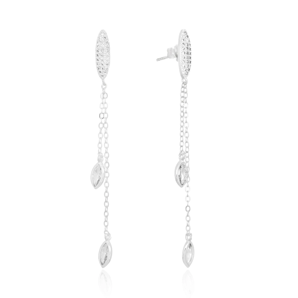 brinco-de-prata-base-oval-cravejada-corrente-dupla-zirconias-penduradas Brinco de prata base oval cravejada corrente dupla zircônias