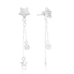 Brinco de prata estrela cravejada corrente dupla estrelinhas