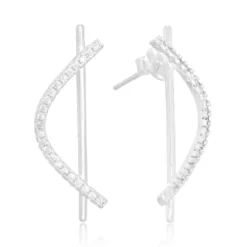 Brinco de prata palito curvado cravejado com zircônias