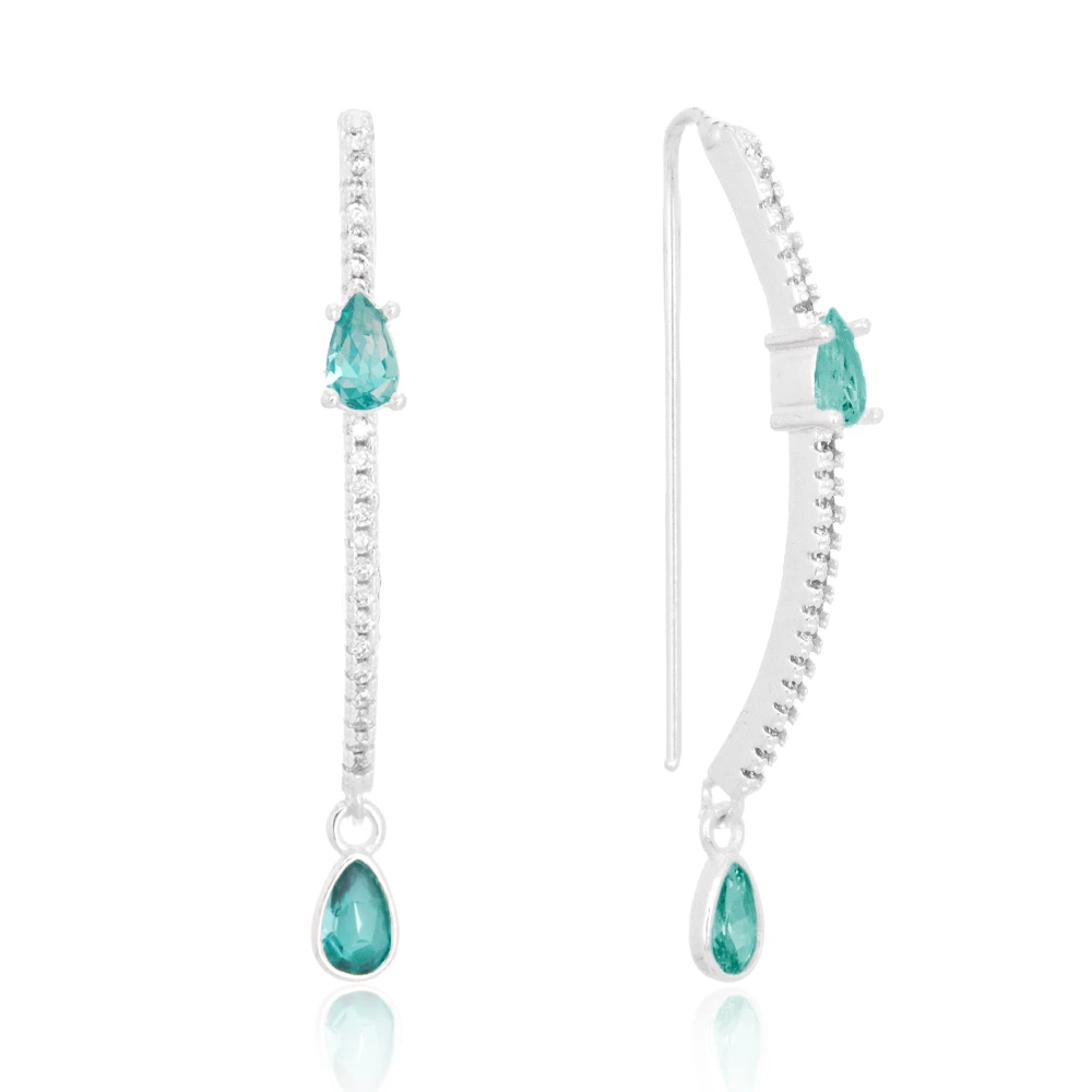 brinco-de-prata-palito-curvado-cravejado-zirconia-gota-turmalina Brinco de prata palito curvado cravejado zircônias gota turmalina