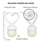 Brinco de prata 925 coração liso vazado com pérola - Imagem 2