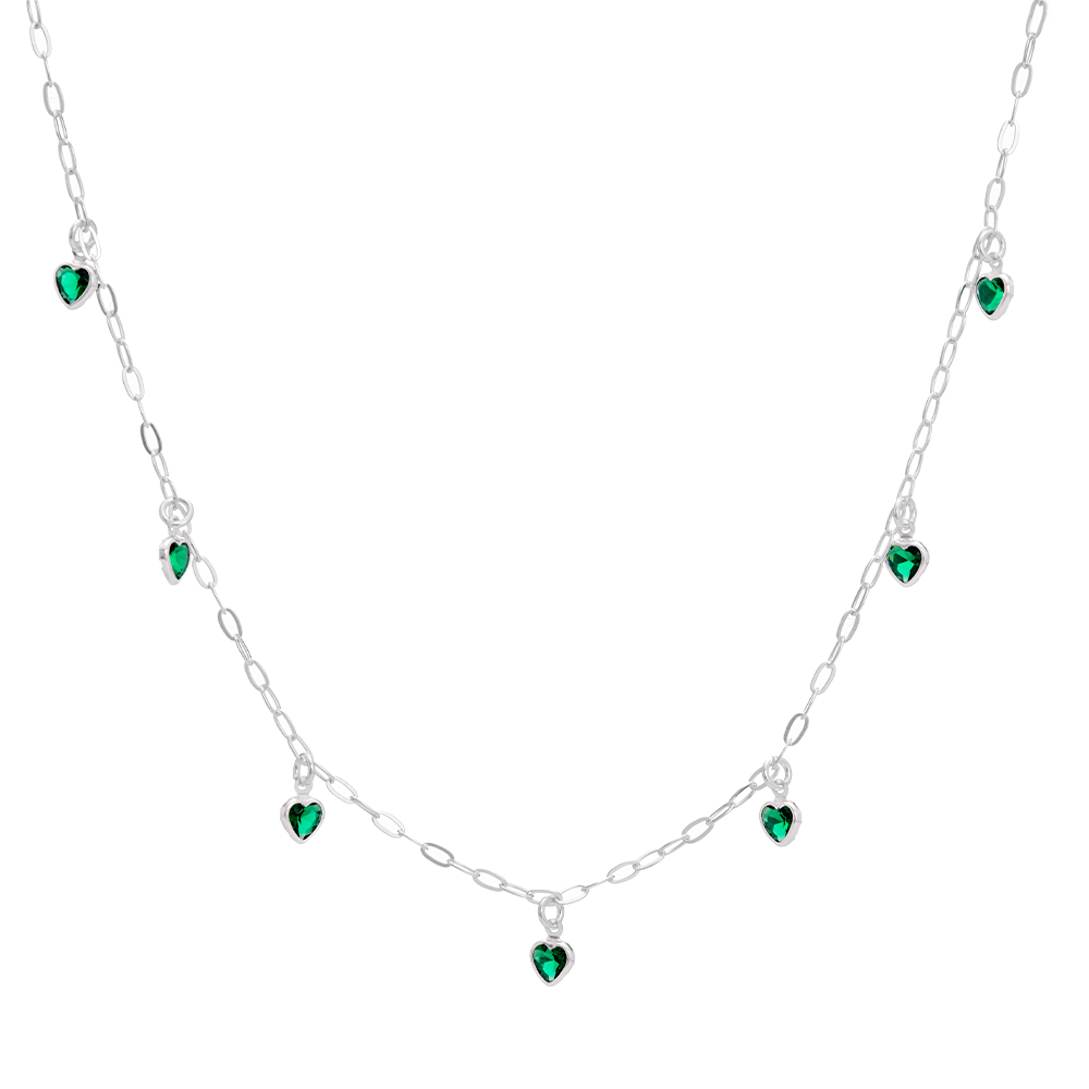 29469dbdd758f4a5b2d38e85b4806223.jpg Choker de prata 925 corações pendurados zircônias verde 45 cm + extensor - Imagem 1