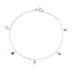 Tornozeleira de prata 925 pingentes zircônias corações coloridos