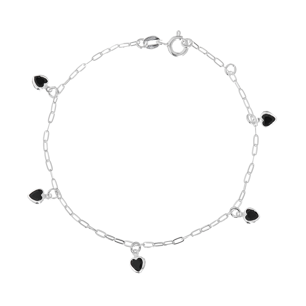 7333eabbb794fbf3098c10a31ed80206.jpg Pulseira de prata 925 corações pendurados zircônia preta - Imagem 1