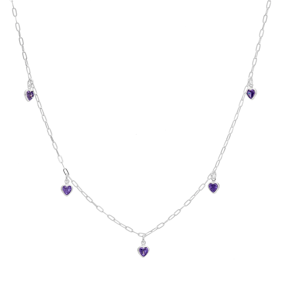 afdf5f8c7a71ee41438bfb1a05867e16.jpg Colar de prata 925 corações pendurados zircônias ametista 45 cm + extensor - Imagem 1